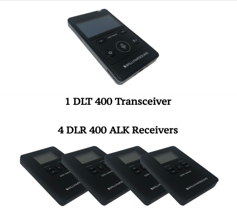 Ultra Portable Translation System with 1 DLT 400 Transceiver and 4 DLR 400 ALK Receivers
