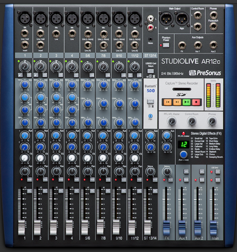 Presonus AR12c 12 channel powered mixer top of console