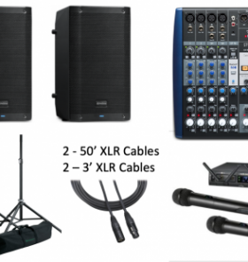 full Conference pa system components including mixer, wireless mics, speakers, stands and cables